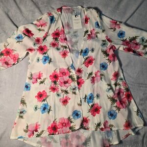 Pinkmilly Floral Open Front Kimono Cardigan White Pink Blue High Low Hem Small